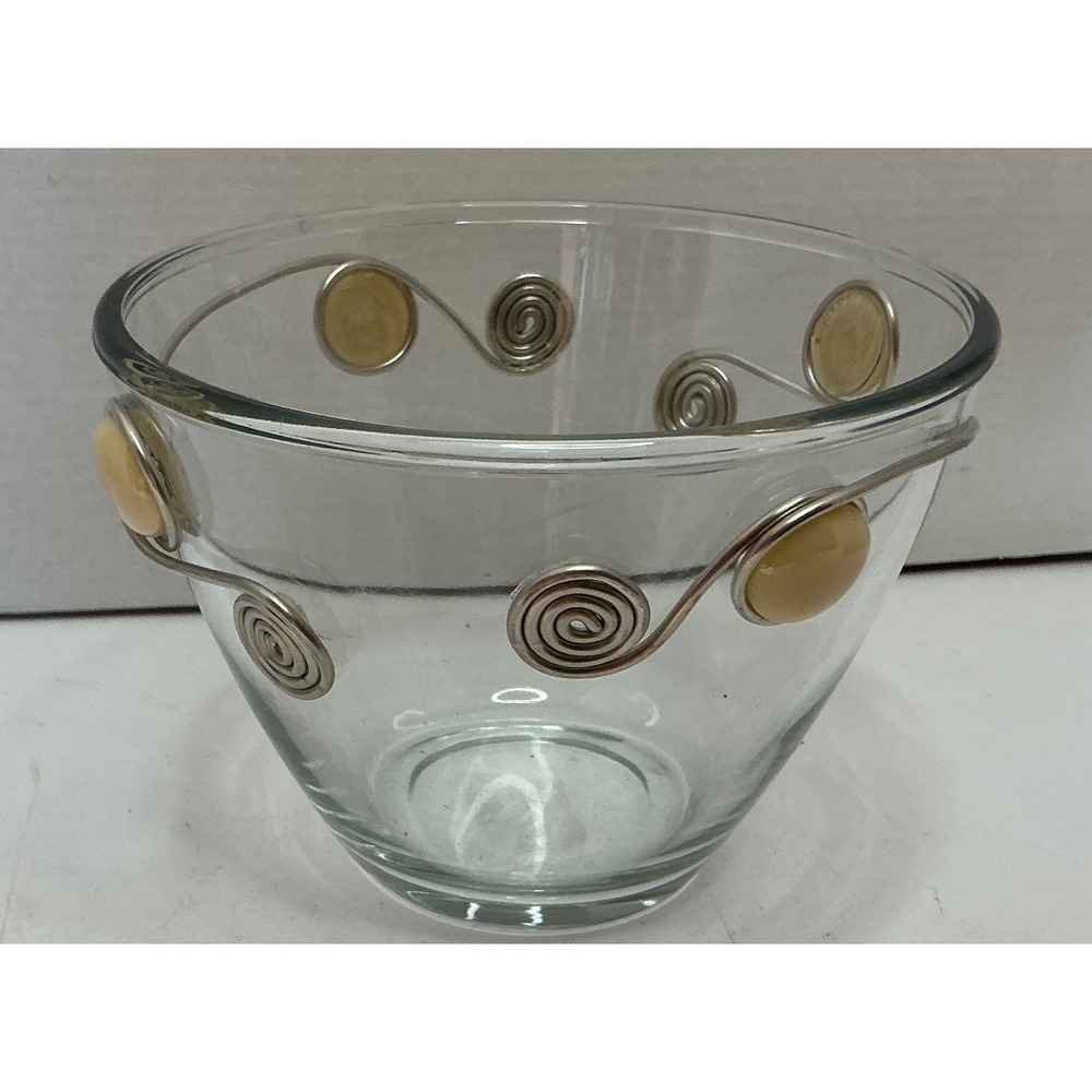 Glass Bowl Silver Wire Wrap Yellow Cabochon Spiral Detail 7.5 Inch